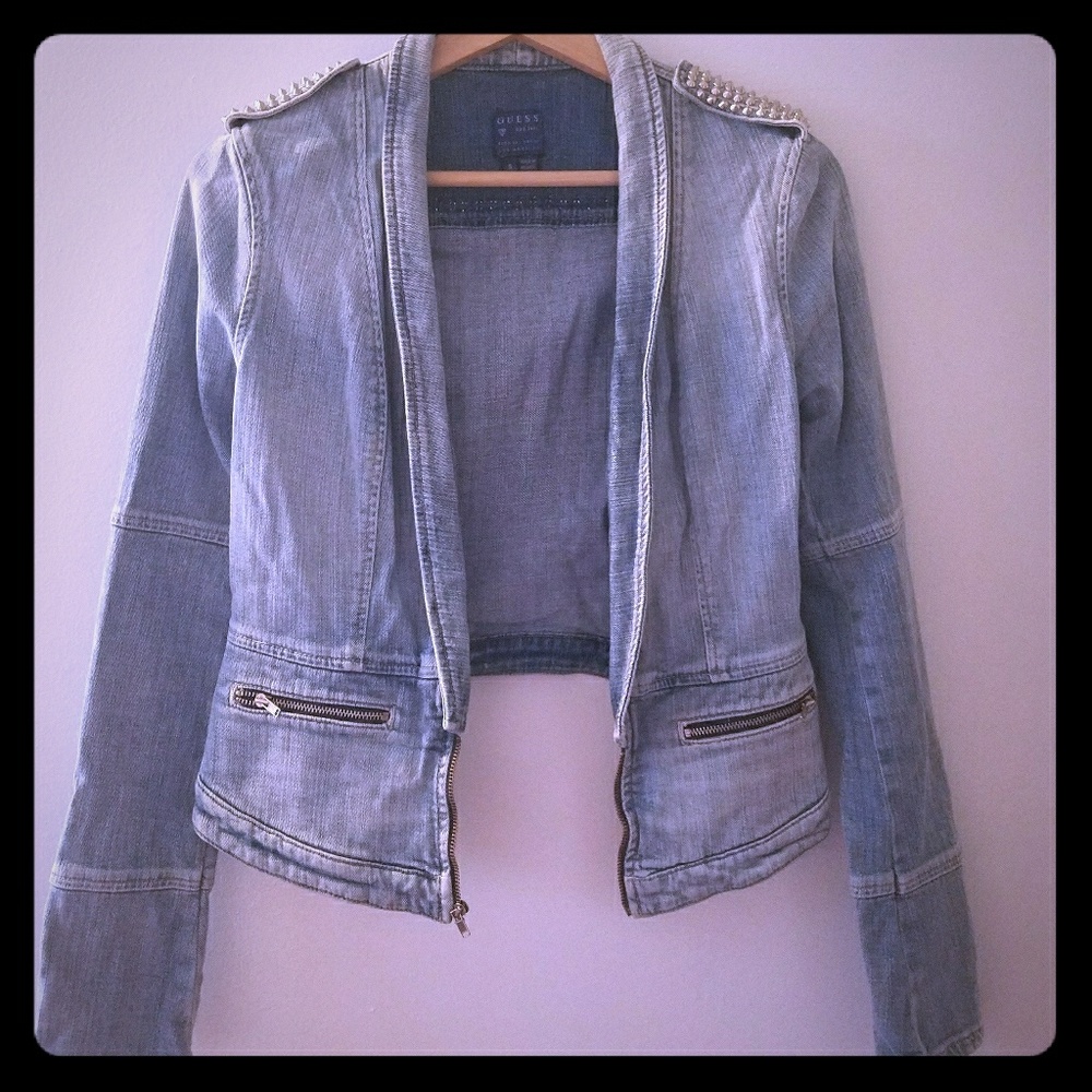 Cropped Guess Denim Jacket with Metal Detail